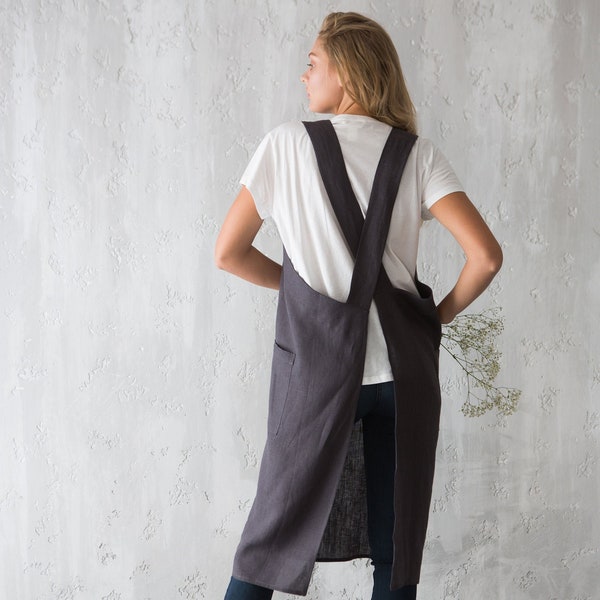 Cross Back Apron - Japanese Apron - Pure Linen Pinafore Apron - Artist Smock