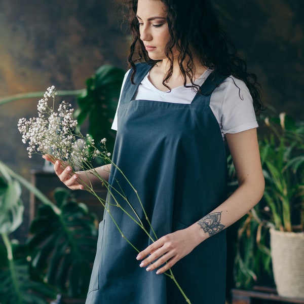 Pinafore Apron for Women - Long Cotton Apron - Ladies Cotton Pinafore - Japanese Apron - Work Apron with Pockets - Cross Back Apron