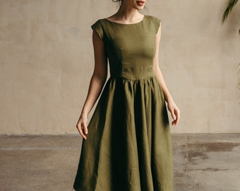 Midi Linen Dress - Linen Bridesmaid Dress - Skater Dress - Linen Fit and Flare Dress - Elopement Dress - Midi Retro Cocktail Dress