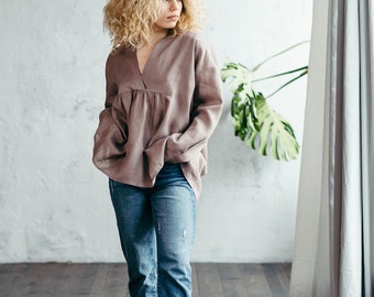 Loose Linen Shirt - Casual Linen Shirt - Long Sleeve Summer Top - Linen Blouses for Women - Linen Summer Top - Linen Tunic Peplum Top