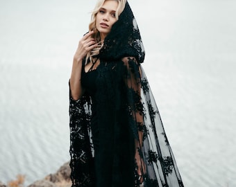 Black Lace Cape - Black Veil - Hooded Black Cape - Halloween Cape - Halloween Outfit - Gothic Wedding - Noir Wedding - Black Lace Veil