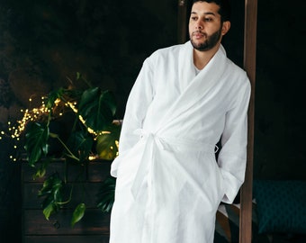 White Linen Robe - Mens Robes - Mens Dressing Gown - Linen Bathrobe Gift for Men - Gift for Couple - Groomsmen Gift - Mens Loungewear