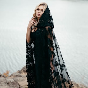 Black Lace Cape - Black Veil - Hooded Black Cape - Halloween Cape - Halloween Outfit - Gothic Wedding - Noir Wedding - Black Lace Veil