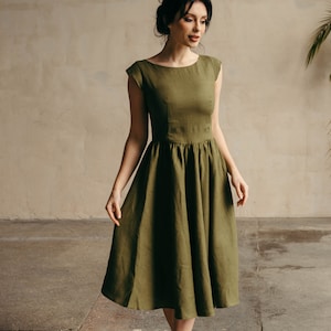 Midi Linen Dress - Linen Bridesmaid Dress - Skater Dress - Linen Fit and Flare Dress - Elopement Dress - Midi Retro Cocktail Dress