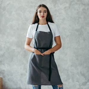 Pure Linen Apron With Pockets Natural Linen Cafe Apron Unisex Crafting, Florist Apron Gray