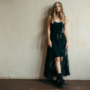 Long Lace Skirt, Festival Skirt, Black Sheer Skirt, Halloween Skirt, Black Boho Skirt, Lace Boho Skirt, See Through Skirt, Black Overskirt
