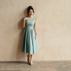 Midi Linen Dress Linen Bridesmaid Dress Skater Dress Linen Fit and Flare Dress Elopement Dress Midi Retro Cocktail Dress image 3