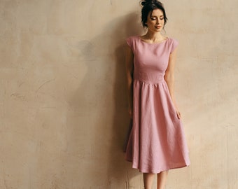 Midi Leinenkleid, Rosa Leinenkleid, Skater Leinenkleid, Fit und Flare Leinenkleid, Einfaches Leinenkleid