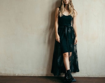 Long Lace Skirt, Festival Skirt, Black Sheer Skirt, Halloween Skirt, Black Boho Skirt, Lace Boho Skirt, See Through Skirt, Black Overskirt