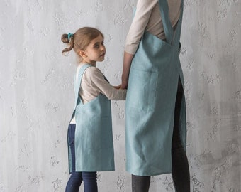 Kids Apron - Linen Aprons for Women - Gift for Toddler Girl - Pinafore Apron - Linen Smock - Tablier Enfant - Mother and Daughter Matching