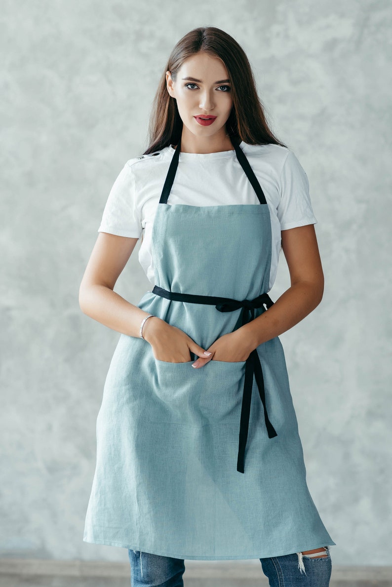 Pure Linen Apron With Pockets Natural Linen Cafe Apron Unisex Crafting, Florist Apron image 3