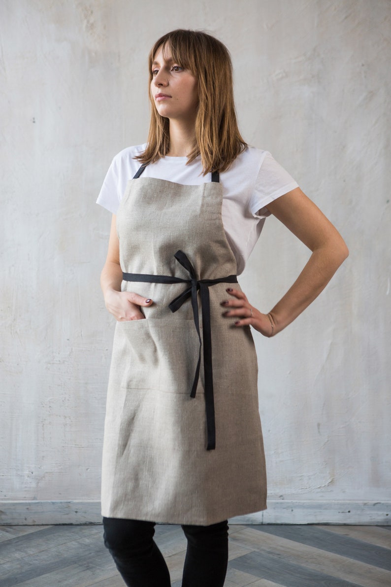 Pure Linen Apron With Pockets Natural Linen Cafe Apron Unisex Crafting, Florist Apron Raw Linen