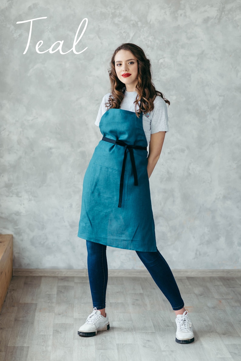 Pure Linen Apron With Pockets Natural Linen Cafe Apron Unisex Crafting, Florist Apron Teal