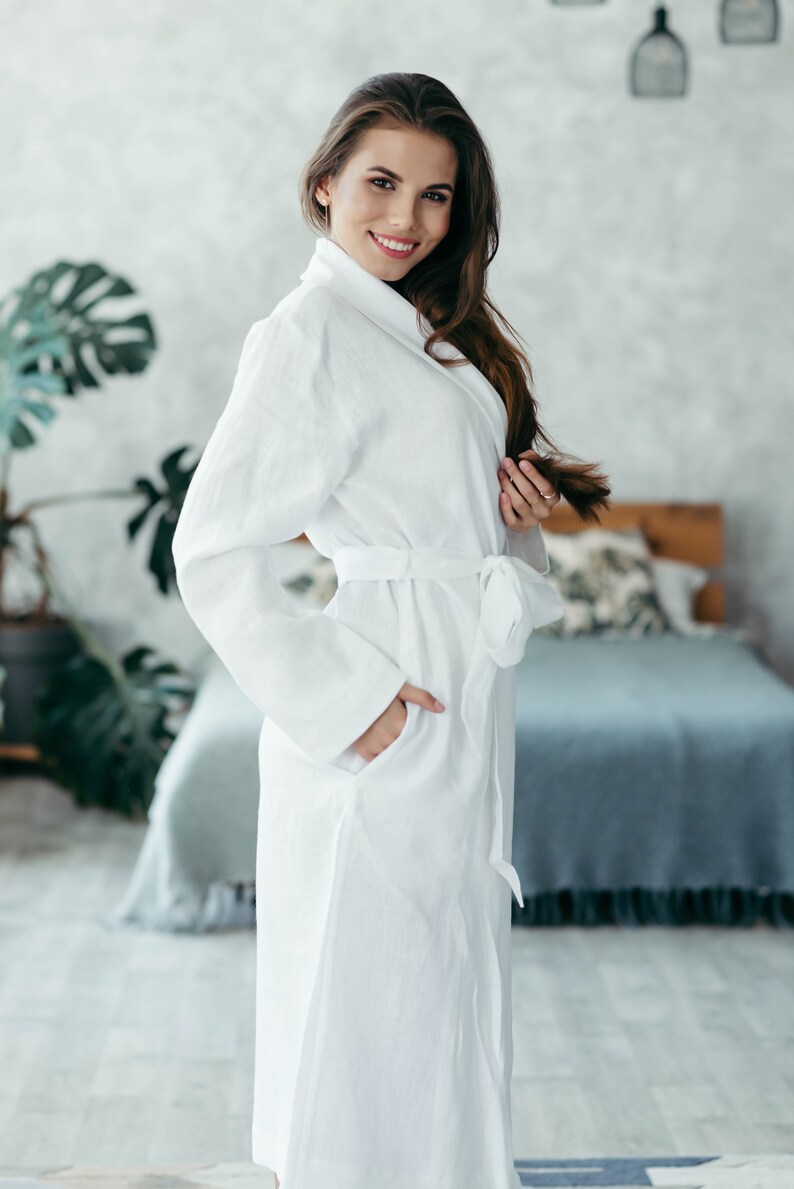 Linen Robe for Women Natural Linen Dressing Gown Bathrobe White