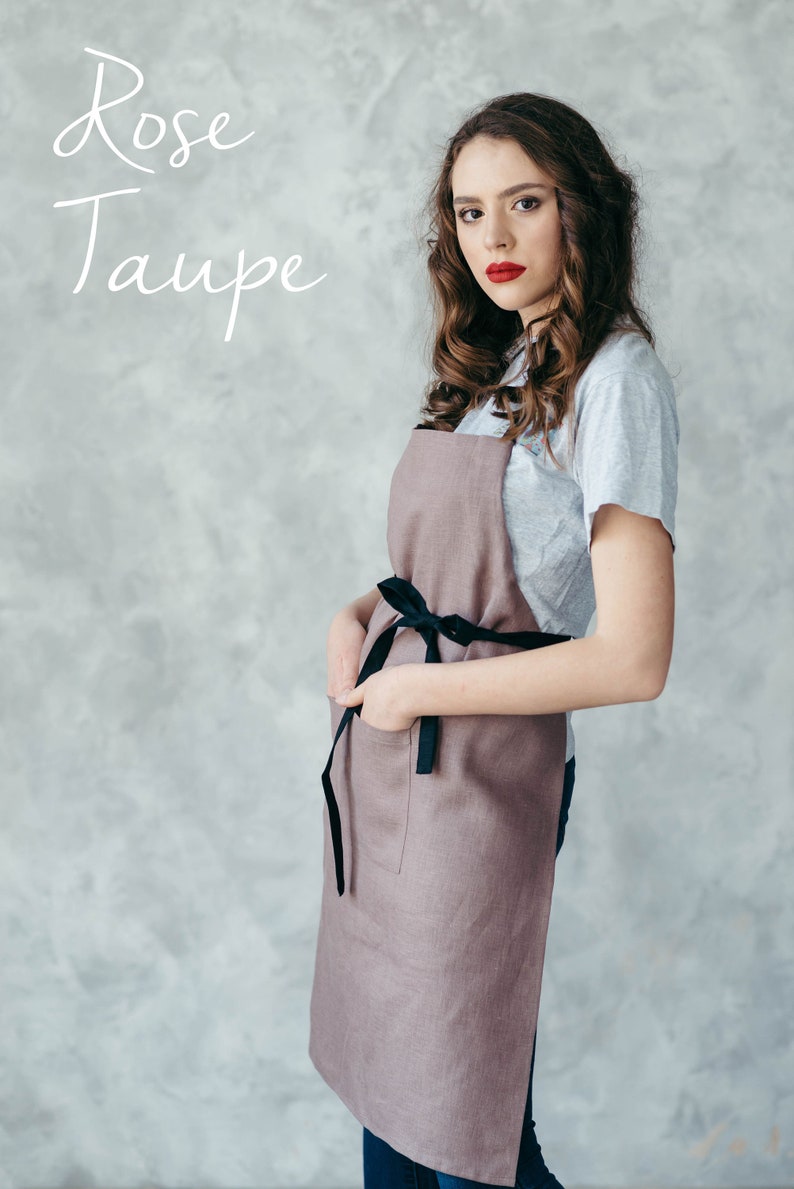 Pure Linen Apron With Pockets Natural Linen Cafe Apron Unisex Crafting, Florist Apron Rose Taupe