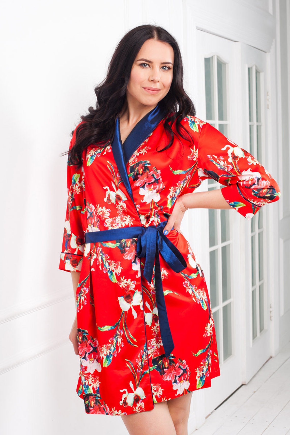 Red Satin Robe Floral Satin Dressing Gown Kimono Dressing | Etsy