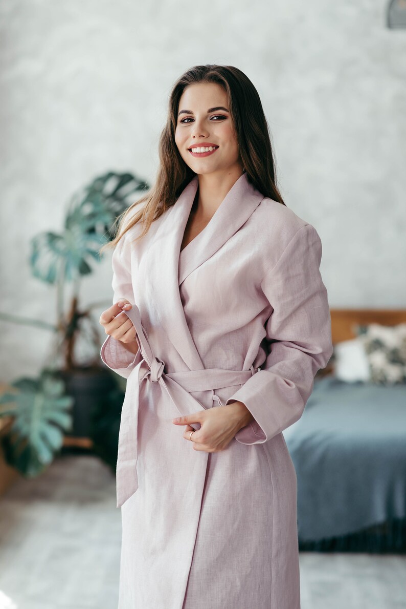 Linen Robe for Women Natural Linen Dressing Gown Bathrobe Pink Heather