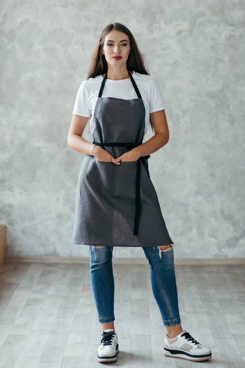 Pure Linen Apron With Pockets Natural Linen Cafe Apron Unisex Crafting, Florist Apron Gray