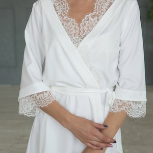 Ivory Satin Robes, White Bridal Lace Robe, Cream Bridesmaid Robe, Lace ...