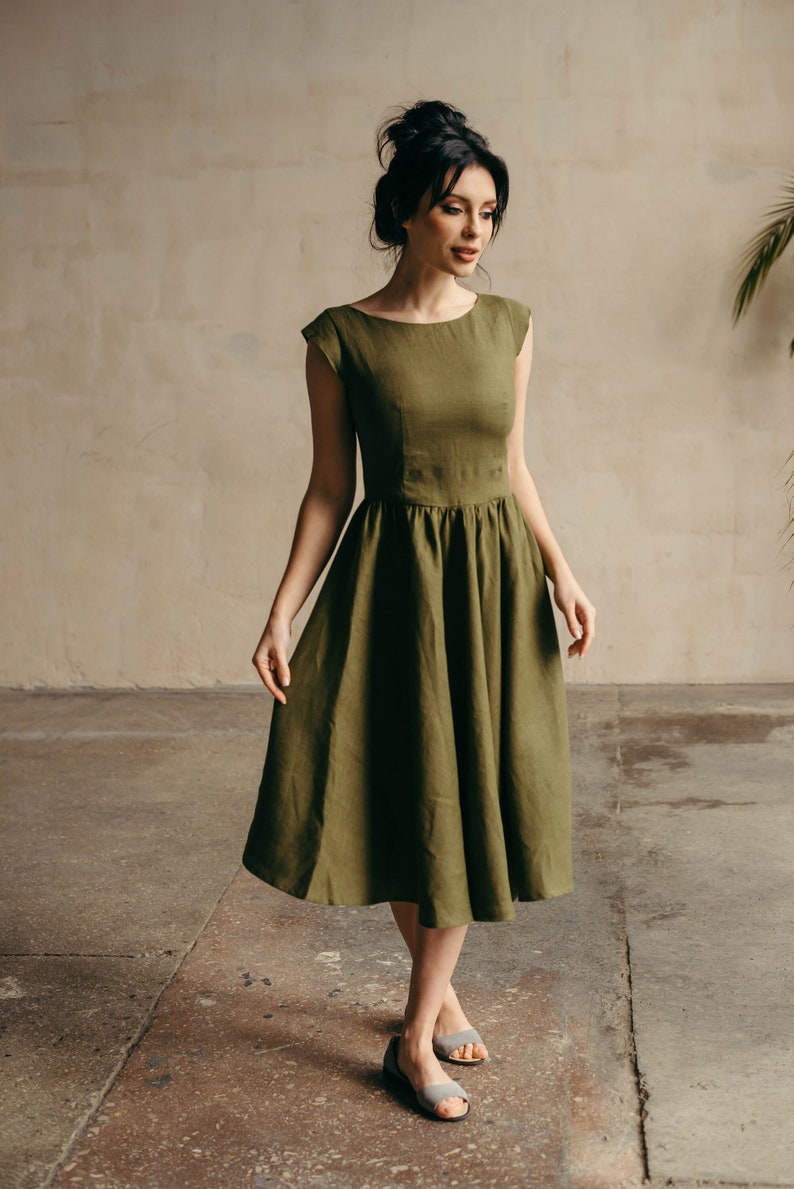 Midi Linen Dress Linen Bridesmaid Dress Skater Dress Linen Fit and Flare Dress Elopement Dress Midi Retro Cocktail Dress image 1