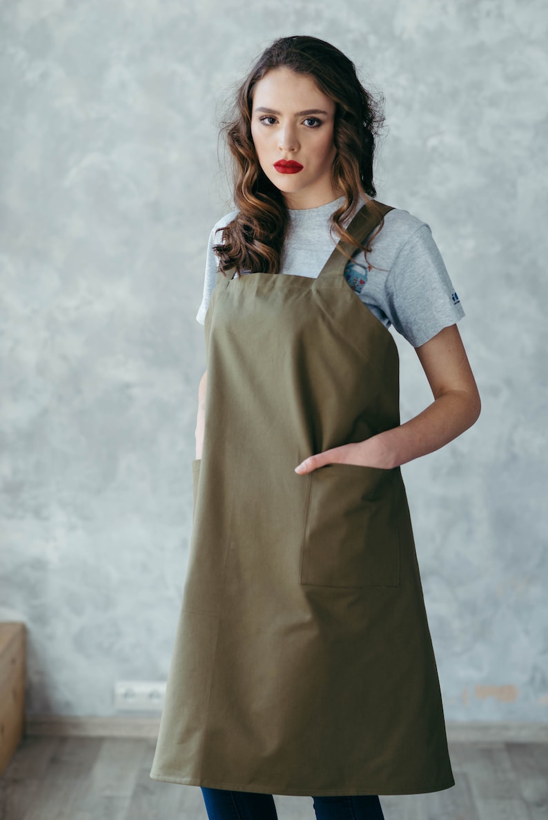 Pinafore Apron for Women Long Cotton Apron Ladies Cotton Pinafore Japanese Apron Work Apron with Pockets Cross Back Apron image 9