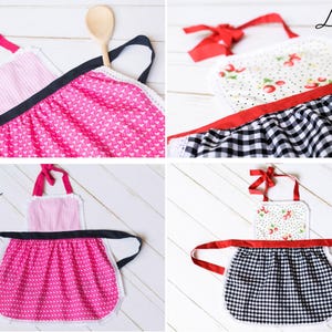Flat lay of aprons on hangers showing different fabrics and colours, gift set.