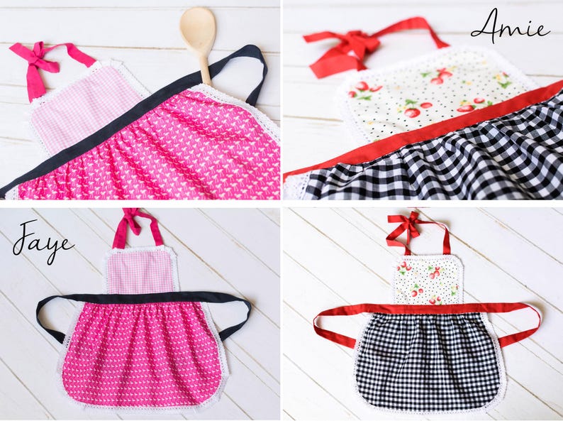 Flat lay of aprons on hangers showing different fabrics and colours, gift set.