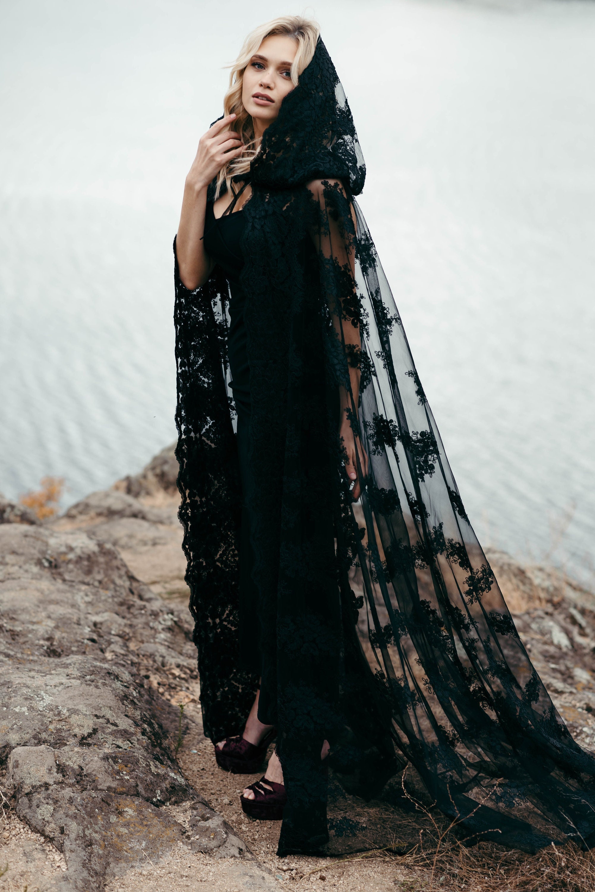 black lace backless prom dress A Line V Neck Backless Black Lace Prom Dresses, Open Back Black Lace F –  jbydress main image 1