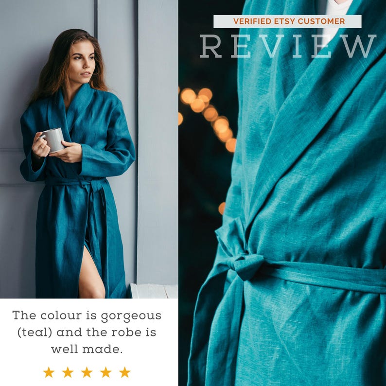 Verified review for teal linen bathrobe – woman in teal robe, 5-star customer feedback