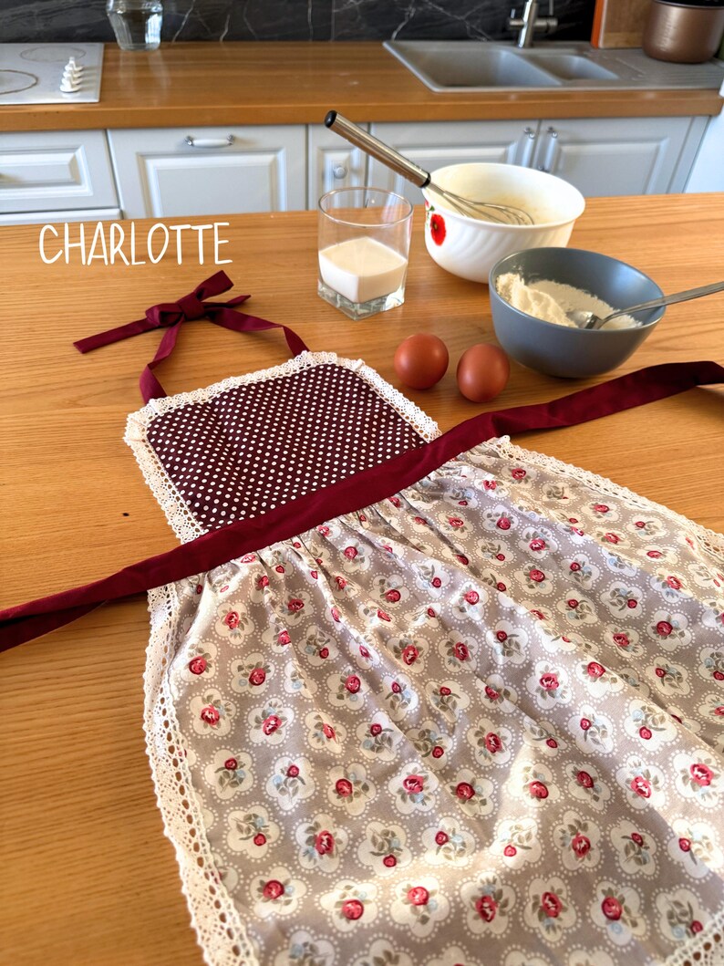 Flat lay of handmade personalized matching apron for girls and women