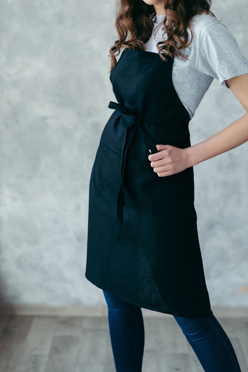 Pure Linen Apron With Pockets Natural Linen Cafe Apron Unisex Crafting, Florist Apron Black