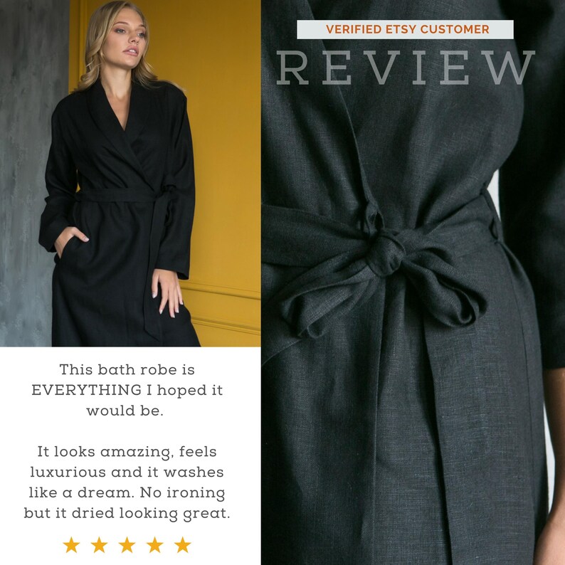 Black linen robe with review overlay – handmade bathrobe with luxury fit and soft finish