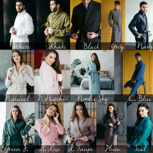 Colour options for Bunny Street linen robes – full palette of women’s and men’s bathrobes. Natural linen robes and kimonos made in the UK