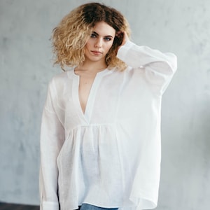 White Linen Shirt – Boho Tunic Top for Women – Relaxed Summer Blouse – Lightweight Beachwear