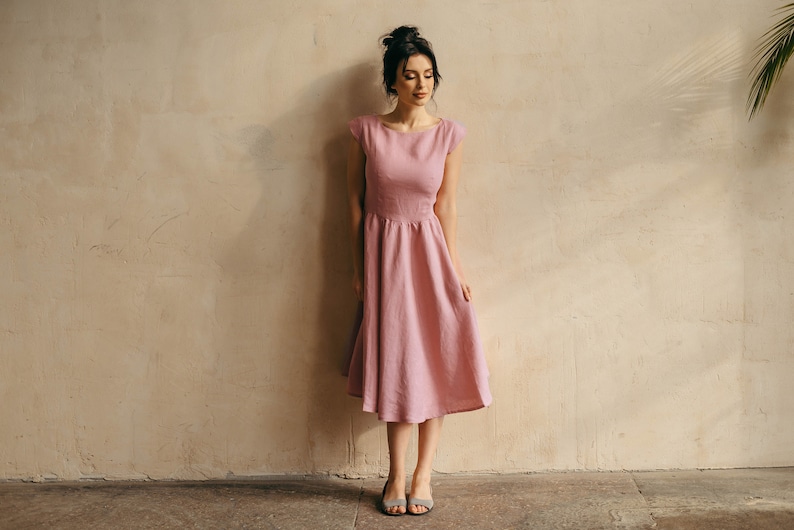 Midi Linen Dress Linen Bridesmaid Dress Skater Dress Linen Fit and Flare Dress Elopement Dress Midi Retro Cocktail Dress image 4