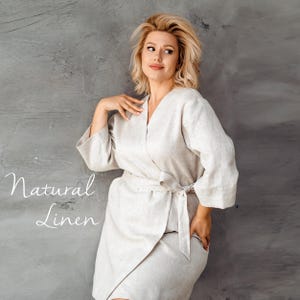 Natural linen robe for plus size women – long bathrobe style with French seams