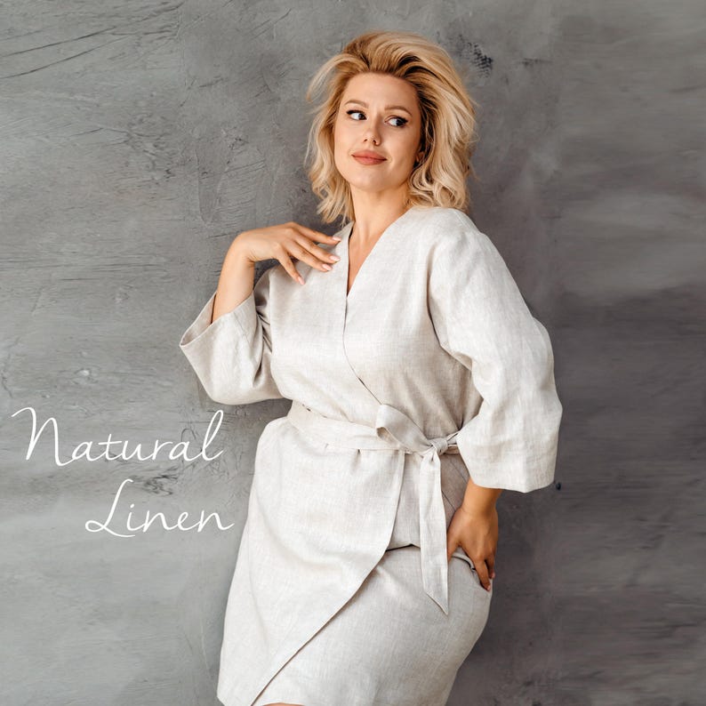 Natural linen robe for plus size women – long bathrobe style with French seams
