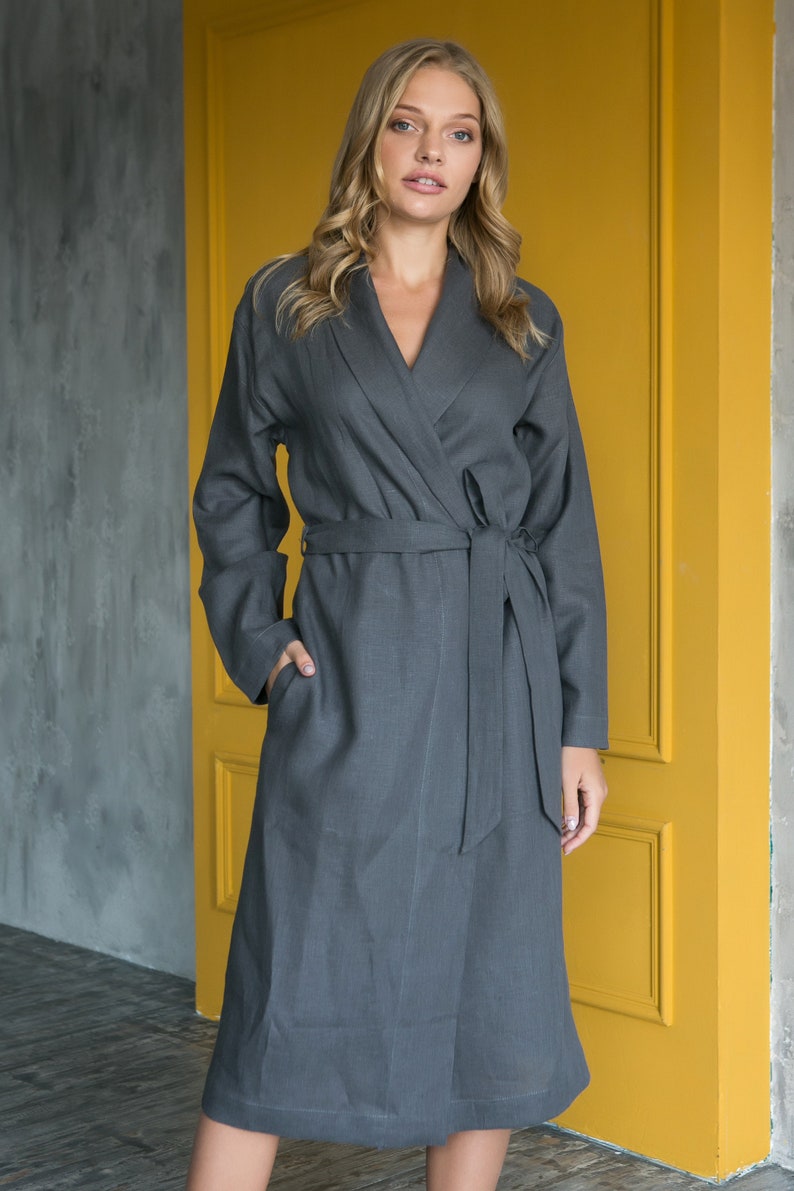Linen Robe for Women Natural Linen Dressing Gown Bathrobe Gray