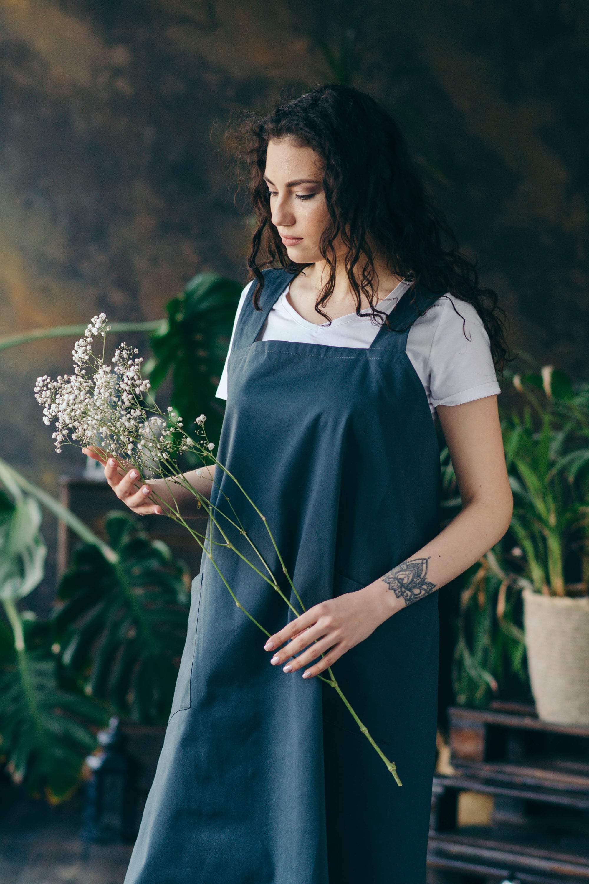 Tablier Pinafore, Tablier Coton, avec Poches, Japonais, Pinafore Femmes, de Travail, à Dos Croisé