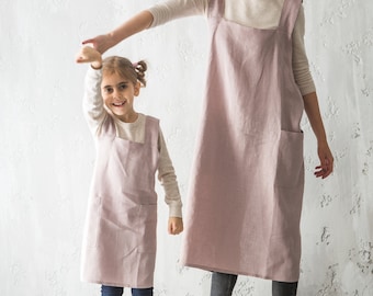 Delantales de madre e hija - Delantal Pinafore - Delantal de lino para niños - Smock de lino - Delantales de mamá y yo a juego - Delantal japonés