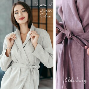 Woman in natural-coloured linen robe – spa-ready loungewear in muted flax tone.  Close-up of Elderberry pink robe belt – soft linen texture and neat wrap fit.