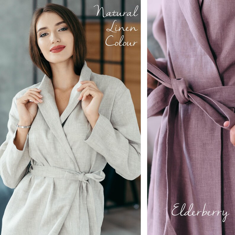 Woman in natural-coloured linen robe – spa-ready loungewear in muted flax tone.  Close-up of Elderberry pink robe belt – soft linen texture and neat wrap fit.