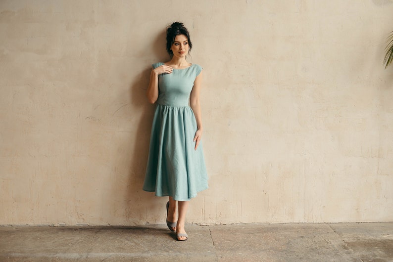 Midi Linen Dress Linen Bridesmaid Dress Skater Dress Linen Fit and Flare Dress Elopement Dress Midi Retro Cocktail Dress image 3