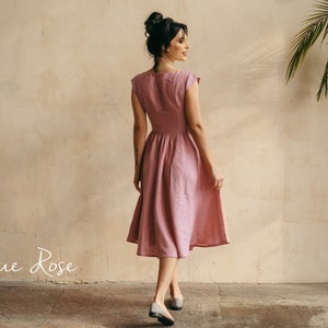 Midi Linen Dress Linen Bridesmaid Dress Skater Dress Linen Fit and Flare Dress Elopement Dress Midi Retro Cocktail Dress Antque Rose