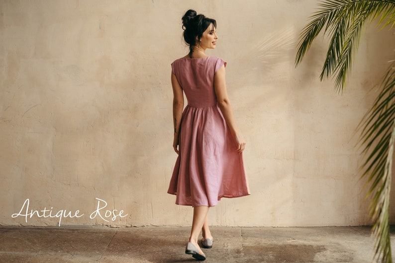 Midi Linen Dress Linen Bridesmaid Dress Skater Dress Linen Fit and Flare Dress Elopement Dress Midi Retro Cocktail Dress image 5