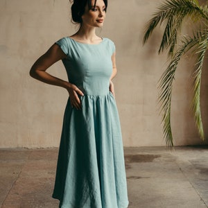 Midi Linen Dress Linen Bridesmaid Dress Skater Dress Linen Fit and Flare Dress Elopement Dress Midi Retro Cocktail Dress image 6