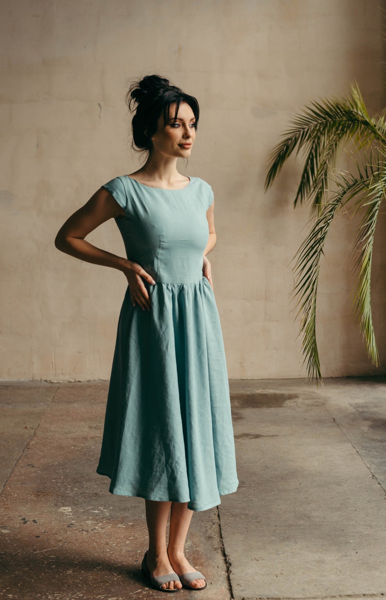 Midi Linen Dress Linen Bridesmaid Dress Skater Dress Linen Fit and Flare Dress Elopement Dress Midi Retro Cocktail Dress image 6