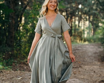 Linen Wrap Dress - Long Linen Dress - Summer Dress - Bridesmaid Dress - Fit and Flare Dress - Dress with Pockets - Linen Skater Dress