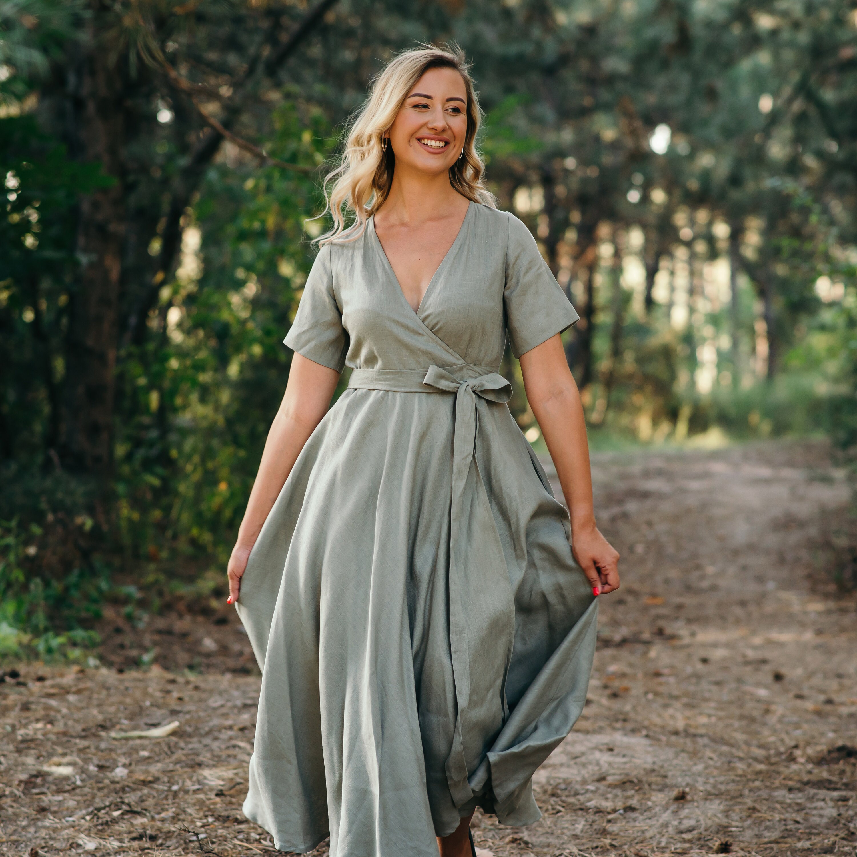 Linen Wrap Dress - Long Linen Dress - Summer Dress - Bridesmaid Dress - Fit and Flare Dress - Dress With Pockets - Linen Skater Dress