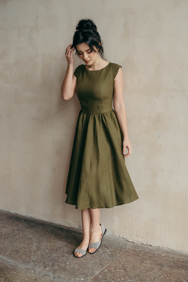 Midi Linen Dress Linen Bridesmaid Dress Skater Dress Linen Fit and Flare Dress Elopement Dress Midi Retro Cocktail Dress image 2